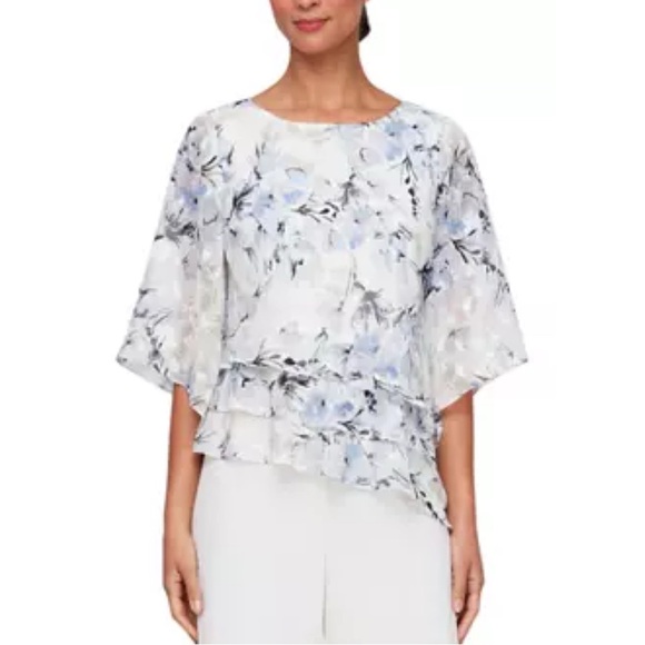Alex Evenings  Women's 3/4 Sleeve Printed Blouse with Asymmetric Triple Tier Hem - Picture 1 of 5
